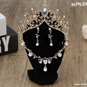 Gold Baroque Crystal Crown & Earring Set: Bridal Headpiece
