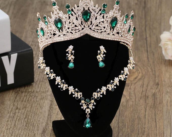 Emerald Green Crystal Bridal Tiara: Gold Quinceanera Crown, Necklace & Earrings