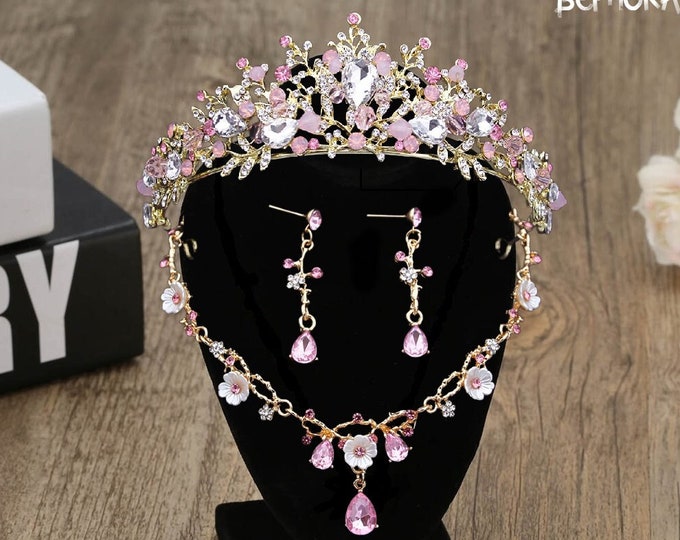 Flower Pink Gold Bridal Tiara - Quinceanera Crown, Sweet 15 Crown, Baby Pink Quince Crown, Pearl Jewelry Set Necklace Earrings, Wedding Set