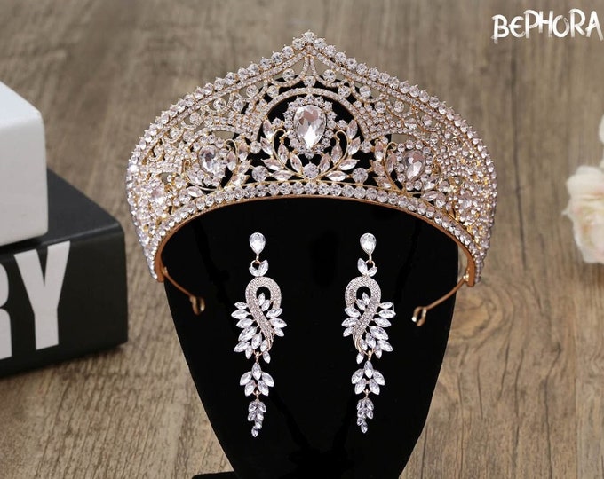 Diadem Wedding Rhinestone Silver Gold Royal Jewelry Set Pageant Crown Sets Prom Gorgeous Quinceanera Dress Tiara Sweet 16 Bridal Accessories