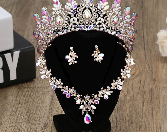 Iridescent Crystal Quinceañera Crown: Gold AB Wedding Tiara with Earrings & Necklace