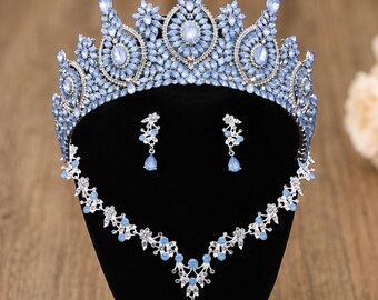Light Blue Opal Tiara, Crown, Necklace, Earrings Set, Bridal Jewelry, Sweet 15