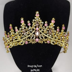Pink Baroque Crystal Quinceanera Crown - Pink Gold Tiara, Necklace and Earrings, Bridal Jewelry Set, Wedding Headpiece Crown, Prom Jewelry