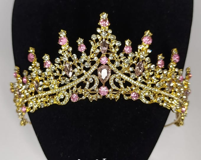 Pink Baroque Crystal Quinceanera Crown - Pink Gold Tiara, Necklace and Earrings, Bridal Jewelry Set, Wedding Headpiece Crown, Prom Jewelry