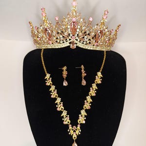 NEW Pink Baroque Crystal Quinceanera Crown - Pink Gold Tiara, Necklace Earrings, Bridal Jewelry Set, Wedding Headpiece Crown, Prom Jewelry