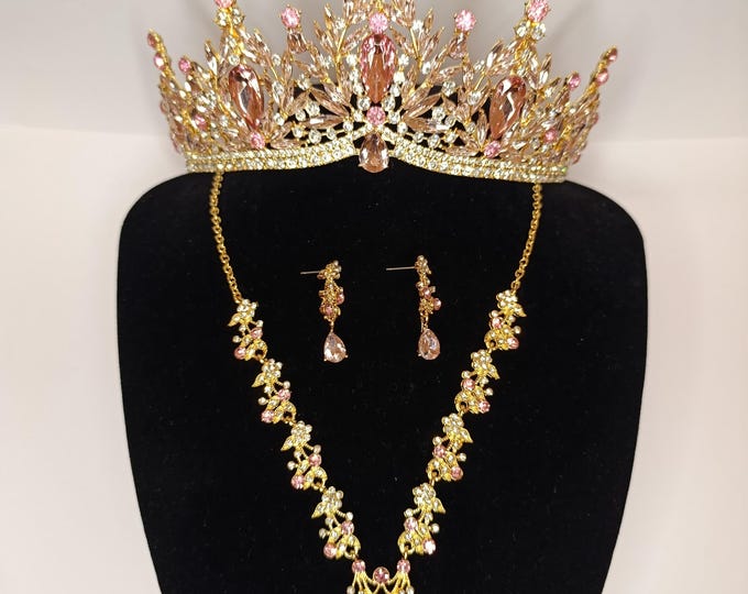 NEW Pink Baroque Crystal Quinceanera Crown - Pink Gold Tiara, Necklace Earrings, Bridal Jewelry Set, Wedding Headpiece Crown, Prom Jewelry