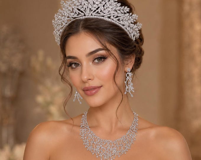 Crystal Bridal Tiara Necklace Earrings Set, Silver Royal Wedding Jewelry