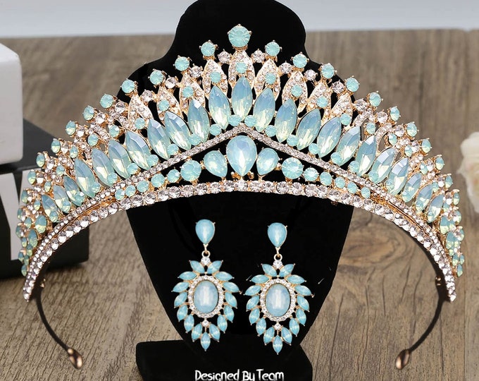 Elegant Green Opal Bridal Tiara Set - Light Green Quince Crown with Jewelry, Perfect for Weddings and Quinceaneras, Ideal Sweet 15 Accessory