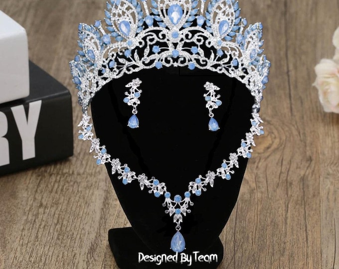 Light Blue Opal Bridal Tiara - Quinceanera Crown, Blue Opal Jewelry Necklace Earrings, Baby Blue Quince Crown, Sweet 16 Crown, Wedding Set