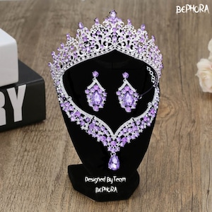 Light Pink Crystal Bridal Tiara: Quinceanera Crown, Necklace & Earrings Set