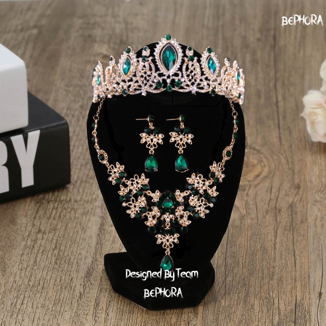 BEPHORA Handmade Princess Green Color Jewelry Set 2023 Bridal Tiara