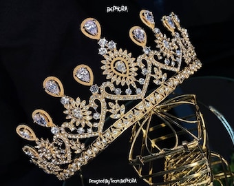 Handmade Gold Rhinestone Wedding Crown: Royal Bridal Tiara