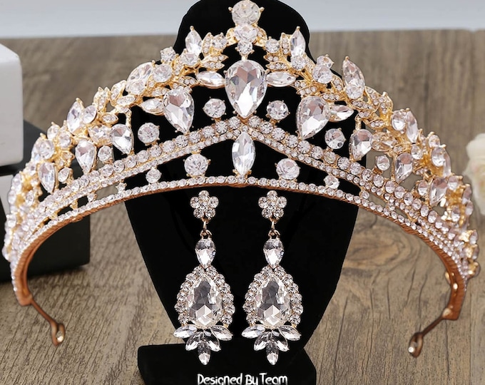 Gold Leaf Bridal Tiaras Set, Wedding Jewelry Set, Bridal Crown Earring Tiara, Women Wedding Tiara Set, Crystal Tiara Set, Bridal Accessories