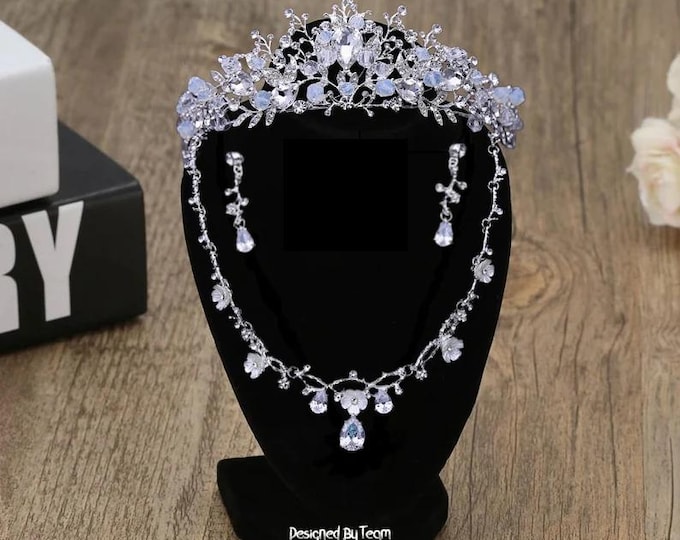 Baroque Handmade Crystal Beads Bridal Jewelry Set - Rhinestone Crown, Necklace, Earrings Wedding Set, African Beads Jewelry Set, Blue Tiara