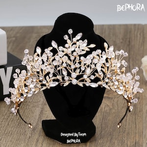 Crystal Wedding Tiara: Gold Silver Beaded Royal Crown