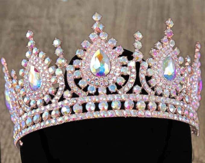 BEPHORA Handmade Sparkling Gold AB Crystal Tiara - Iridescent Wedding Crown for Bride - Quinceanera Headpiece - Unique Sweet 16 Gift Present