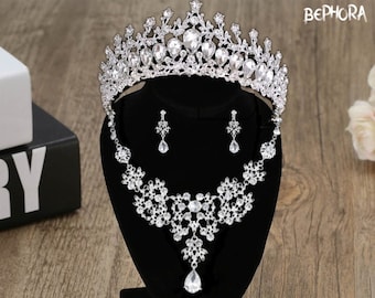 Handmade Crystal Tiara Crown Necklace Earrings: Bridal Jewelry Set