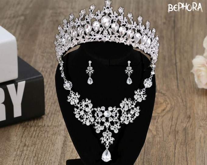 BEPHORA Handmade Luxury Sparkling Green Crystal Tiaras Crown Necklace Earrings Queen Crown Bridal Hair Jewelry Wedding Dress Accessories