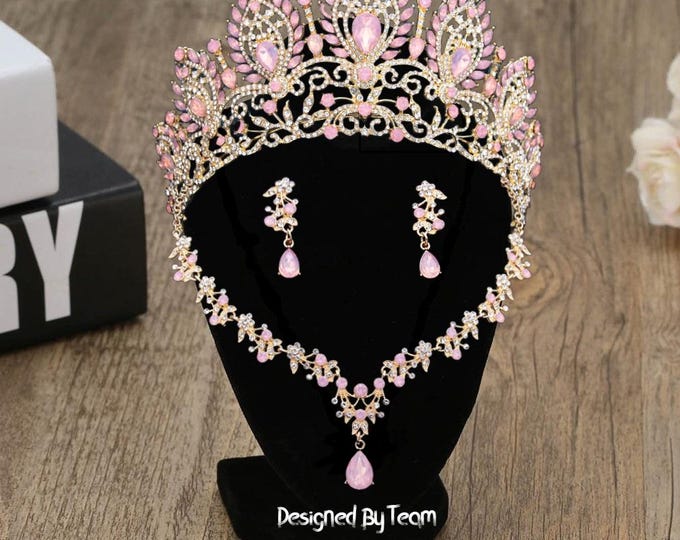 Light Pink Opal Bridal Tiara - Quinceanera Crown, Sweet 15 Crown, Baby Pink Quince Crown, Opal Jewelry Set Necklace Earrings, Wedding Set