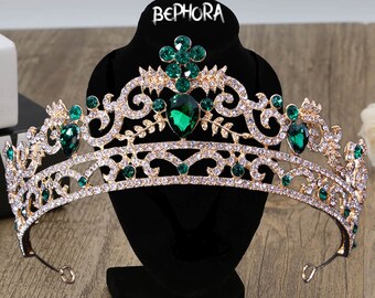 Green Gold Wedding Tiara: Royal Quinceanera Crown Jewelry Set