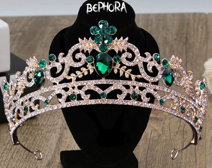 Diadem Wedding Vintage Green Gold Royal Jewelry Set Pageant Crown Necklace Earrings Gorgeous Quinceanera Tiara Sweet 16 Bridal Accessories