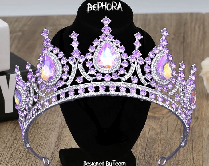 Diadem Wedding NEW Purple AB Luxury Crystal Princess Jewelry Set Gift Pageant Crown Headpiece Quinceanera Tiara Dress Bridal Hair Accessorie