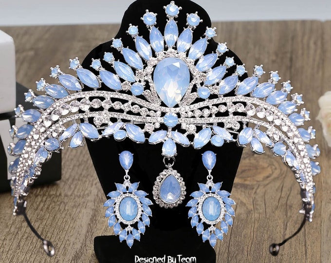 Crystal Forehead Tiara - Quinceanera Tiara, Bridal Headpiece, Earrings, Wedding Headband, Ballet Tiara, Wedding Crown with Teardrop Dangle