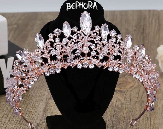 Pink Rose Gold Crown - Royal Bridal Crown, Rhinestone Wedding Crown, Antique Wedding Tiara, Bridal Headpiece, Bridal Hair Accessory, Prom
