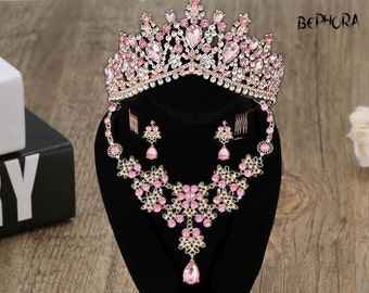 Handmade Princess Tiara Jewelry Set: Pink Crystal Wedding Hair Accessories