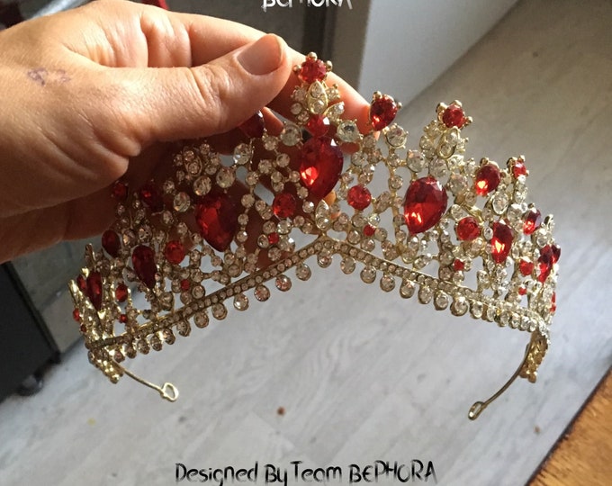 BEPHORA Handmade Red Gold Crystal Rhinestone Princess Rhineston Bride Headdress Luxury Queen Tiaras and Crowns Women Diadem Wedding Jewelry