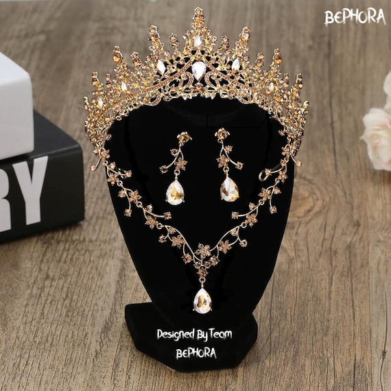 Champagne Crystal Bridal Tiara: Baroque Wedding Jewelry Set 
