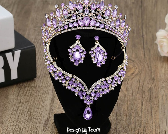 BePhora Iridescent AB Crystal Crown Set - Gold & Silver Quince Tiara with Jewelry, Perfect Quinceanera or Wedding Gift, Sweet 16 Headpiece