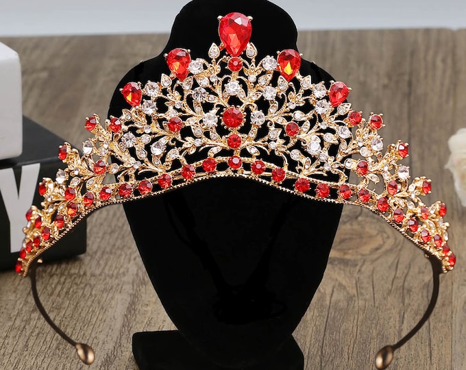 Diadem Wedding Vintage Red Gold Royal Jewelry Set Pageant Crown Necklace Earrings Set Gorgeous Quinceanera Tiara Sweet 16 Bridal Accessories