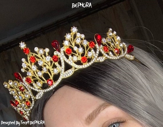 Handmade Gold Red Crystal Bridal Tiara: Vintage Queen Crown  display picture 2