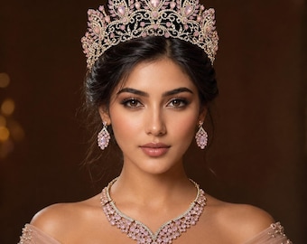 Pink Gold leichtes SET Opal Tiara, Krone, Halskette, Ohrringe Set, Brautschmuck, Sweet 15