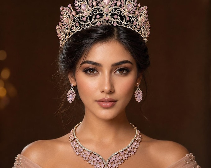 Pink Gold Light SET Opal Tiara, Crown, Necklace, Earrings Set, Bridal Jewelry, Sweet 15