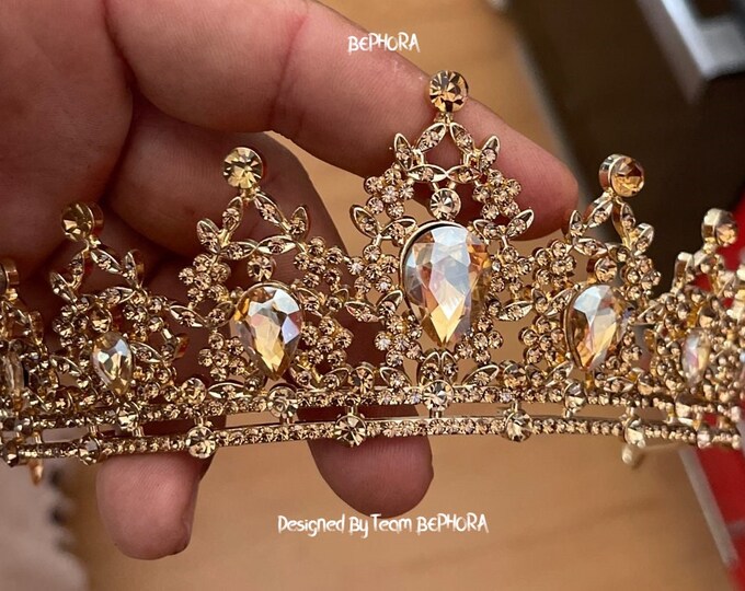 BEPHORA Handmade Gold Rhinestone Heart Bride Headdress Luxury Queen Tiaras and Crowns Women Pageant Prom Wedding Hair Jewelry Accessories