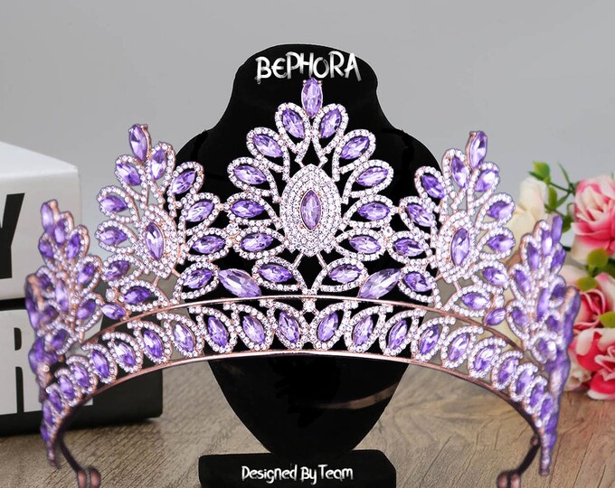 Diadem Wedding NEW Silver Purple Luxury Crystal Princess Jewelry Set Gift Pageant Crown Headpiece Quinceanera Tiara Dress Bridal Accessorie