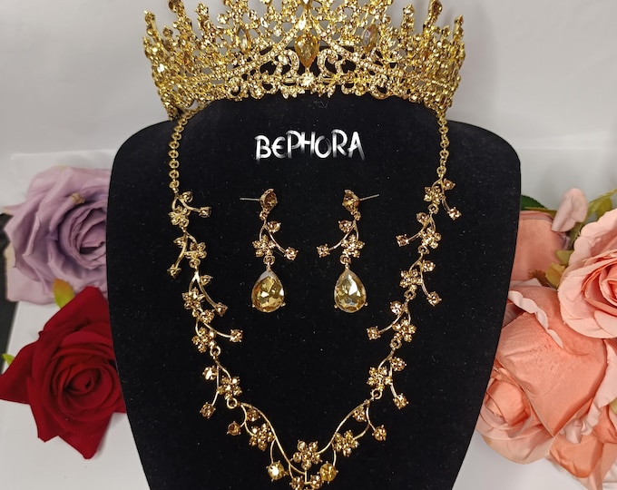 Champagne Quinceanera Crown Bridal Tiara: Baroque Wedding Jewelry Set