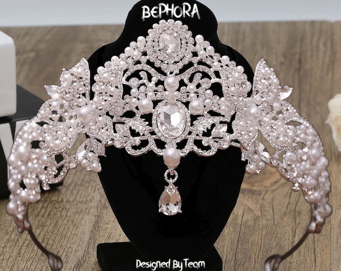 Bridal Wedding Crown Hair Accessories - Luxury Silver Pearl Rhinestone Crystal Tiara Crown, Princess Birthday Prom Pearl Crown, Bridal Crown