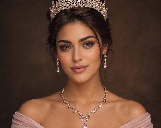 Pink Crystal Quinceanera Crown: Baroque Tiara, Necklace & Earrings Set