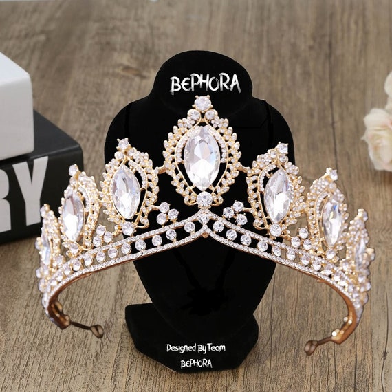 Gold Crystal Wedding Tiara: Bridal Rhinestone Hairpiece - Etsy display picture 2