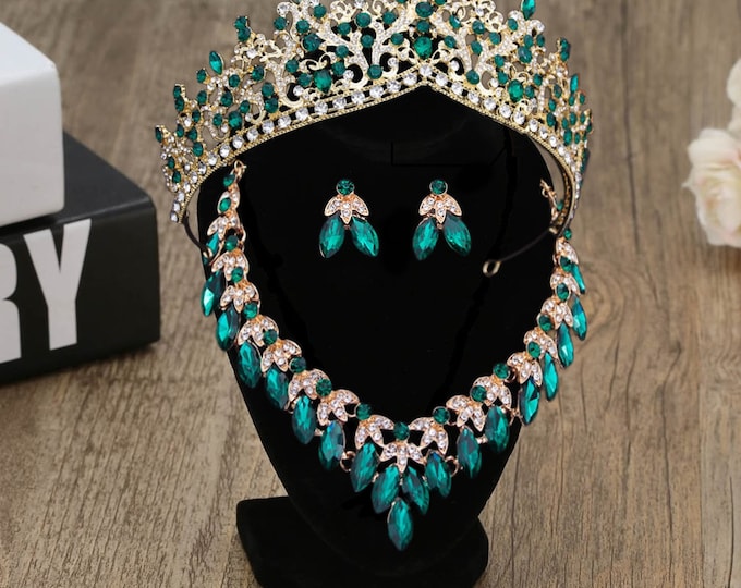 Luxurious Wedding Hair Piece - Green Gold Tiara Set, Headband for the Perfect Wedding Look or Birthday Gift Quinceanera Sweet 16 Bridal
