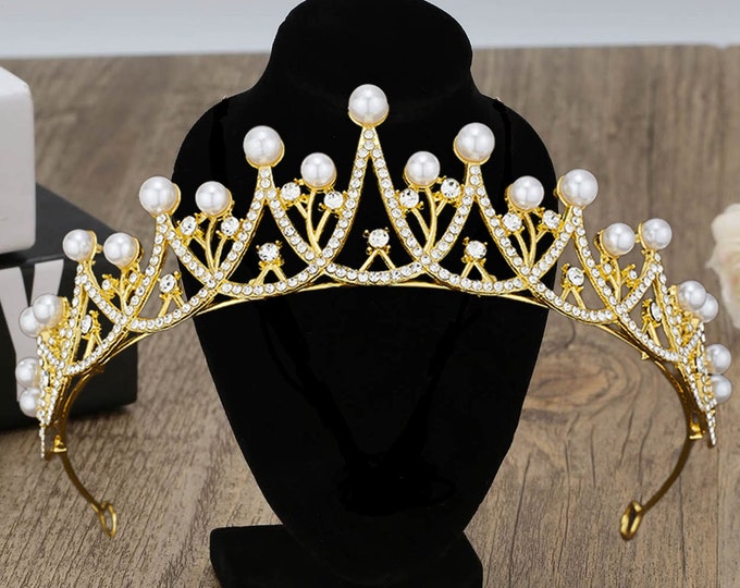 Diadem Wedding pearls Silver Gold Royal Jewelry Set Pageant Crown Birthday Wedding Gorgeous Quinceanera Tiara Sweet 16 Bridal Accessories