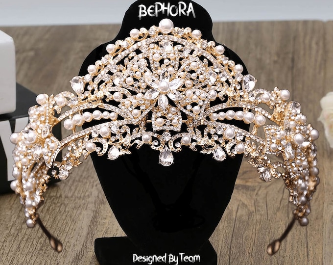 Bridal Flower Crown Hair Accessory - Gold Pearl Rhinestone Tiara Crown, Princess Prom Headpiece, Wedding Bridal Headband, Birthday Headpiece