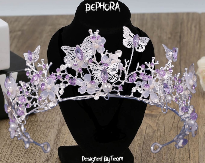 Diadem Wedding NEW Purple Rhinestone Butterfly Jewelry Set Gift Pageant Crown Earrings Necklace Quinceanera Tiara Dress Bridal Accessories