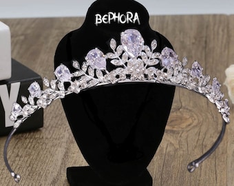 Crystal Wedding Tiara Jewelry Set: Silver Leaf Crown, Necklace & Earrings