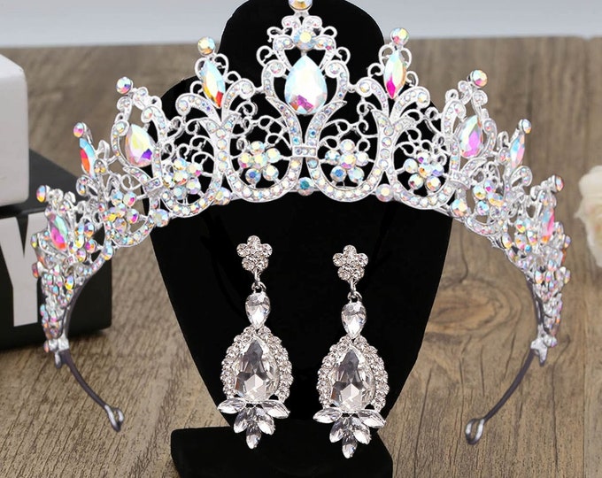 Diadem Wedding Crystal Purple Silver AB Gold Royal jewelry set gift Pageant Crown Earrings Prom Quinceanera Tiara Sweet 16 Bridal Accessorie