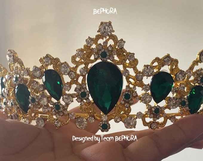 BEPHORA Handmade Princess New Gold Green Arrival Amazing Rhineston Headdress Luxury Queen Tiaras Crowns Women Diadem Wedding Hair Jewelry