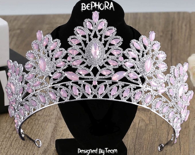 Enchanting Light Pink Opal Silver Tiara & Jewelry Set - Luxurious Bridal Crown for Quinceanera or Wedding - Ideal Sweet 15 or Wedding Gift